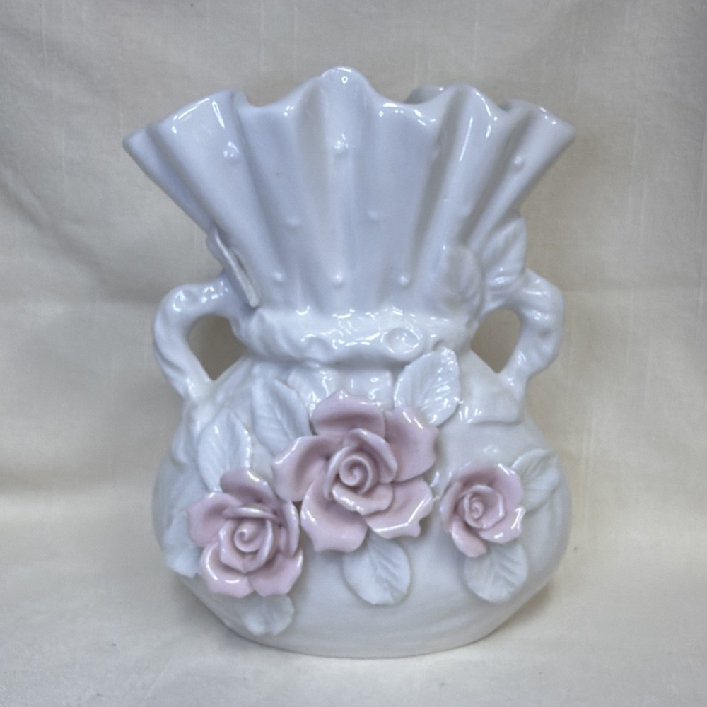 Vintage White Ribbed Vase Applied Pink Roses Leaves Small Flowers